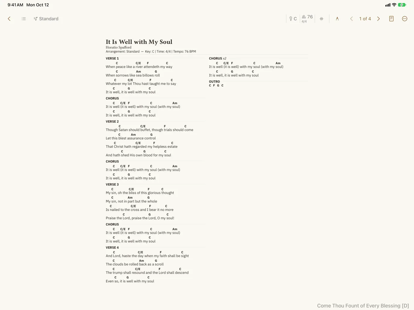 Akordo on iPad: a chart laid out in pages, like the printed sheet