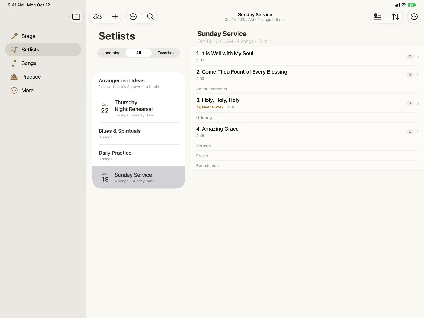 Akordo on iPad: the setlists list beside the open Sunday Service setlist