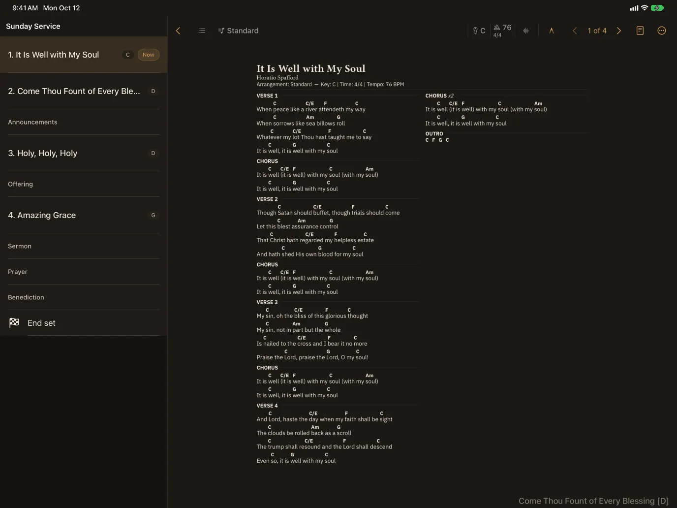 Akordo on iPad in the dark stage view: the set list beside the chart, with the next song named in the corner