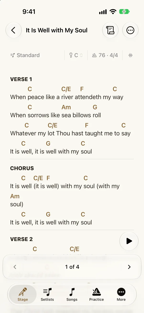 Akordo on iPhone: It Is Well with My Soul, chords above the lyrics