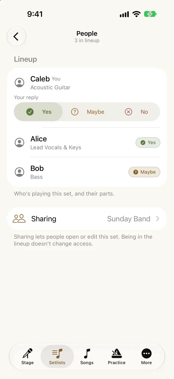 Akordo on iPhone: the set’s lineup, with each musician’s part and reply