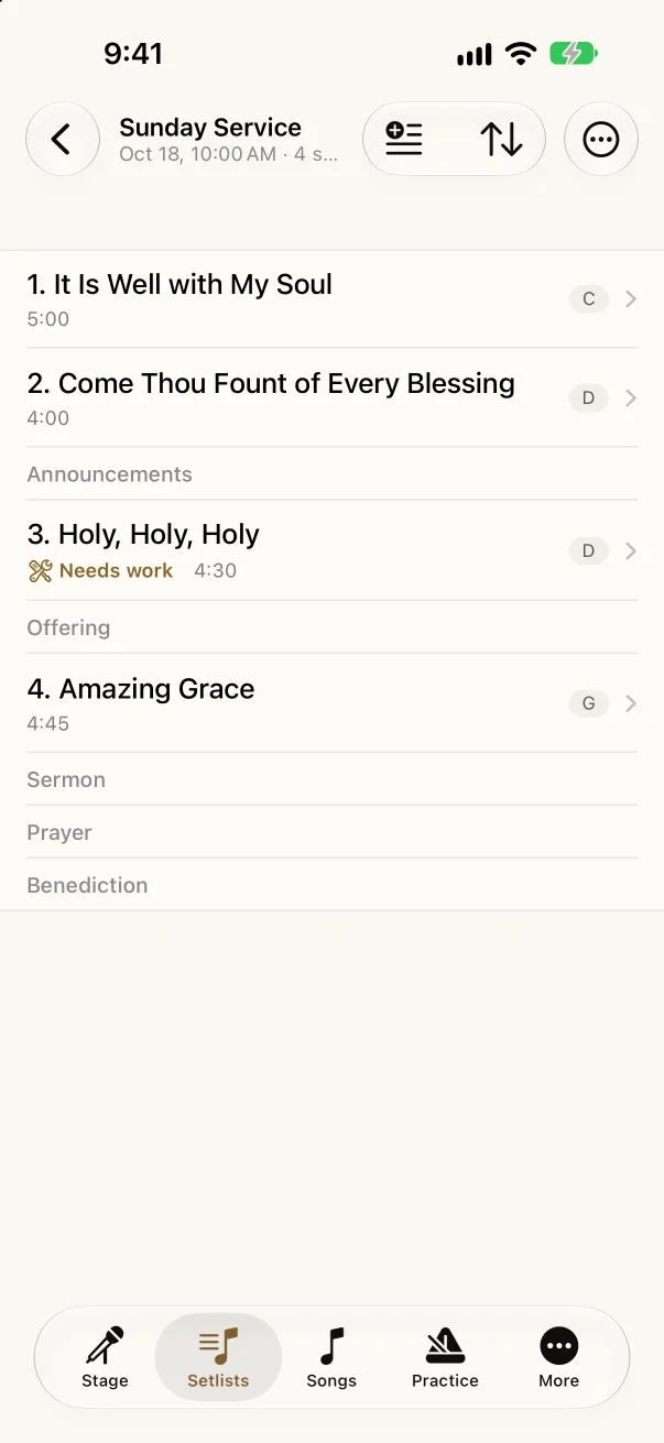 Akordo on iPhone: the Sunday Service setlist with service cues, song lengths, and a song marked Needs work