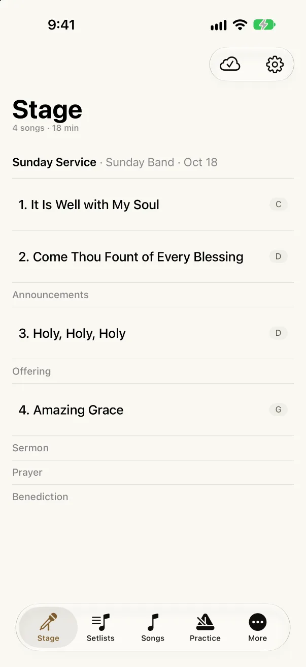 Akordo on iPhone: the Stage tab showing Sunday Service, four songs in order with their keys